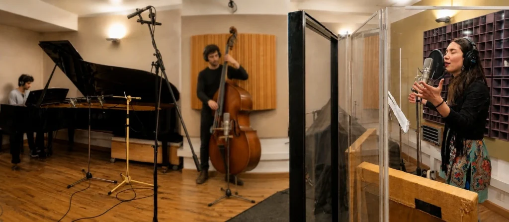 Trio gravant en directe a Sentir Estudis amb piano de cua, contrabaix i veu separada amb mampares acústiques